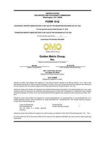 Vorschaubild Golden Matrix Group 10-Q Quartalsbericht 2019 