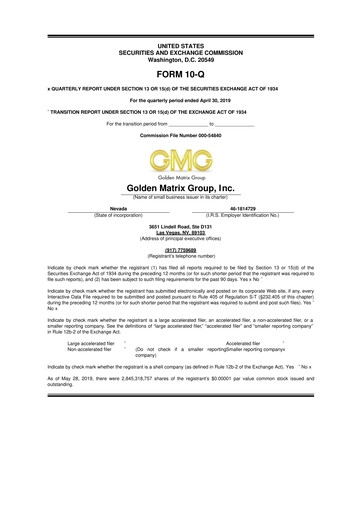 Vorschaubild Golden Matrix Group 10-Q Quartalsbericht 2019 