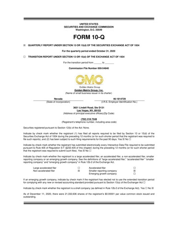 Vorschaubild Golden Matrix Group 10-Q Quartalsbericht 2021 