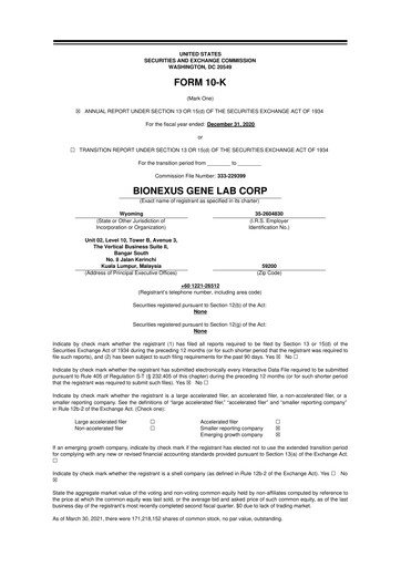 Thumbnail BioNexus Gene Lab 10-K Annual Report 2020