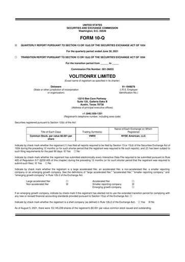 Vorschaubild VolitionRx 10-Q Quartalsbericht 2021 