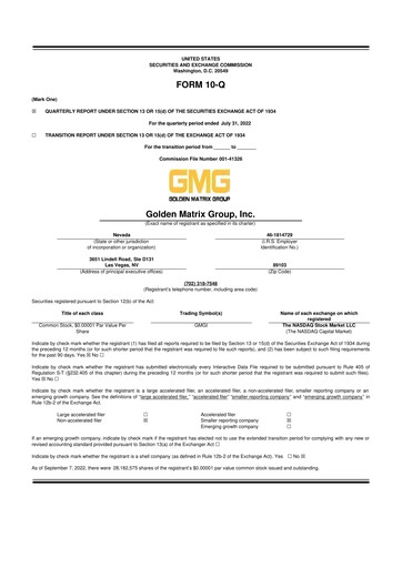 Vorschaubild Golden Matrix Group 10-Q Quartalsbericht 2022 
