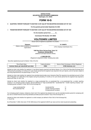 Vorschaubild VolitionRx 10-Q Quartalsbericht 2022 