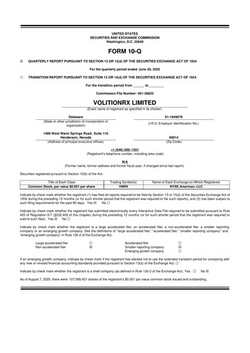 Vorschaubild VolitionRx 10-Q Quartalsbericht 2025 