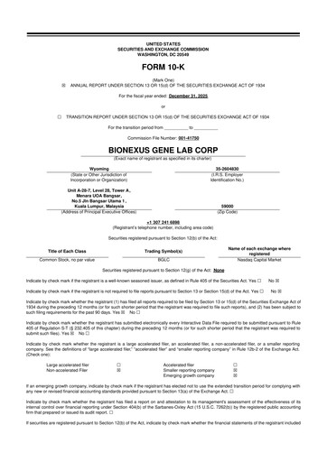 Miniature BioNexus Gene Lab 10-K Rapport annuel 