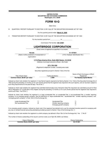 Miniature Lightbridge Corporation 10-Q Rapport trimestriel  