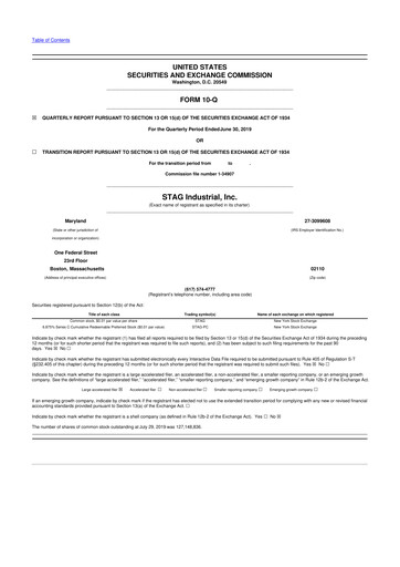 Thumbnail STAG Industrial 10-Q Quarterly Report FY2019 