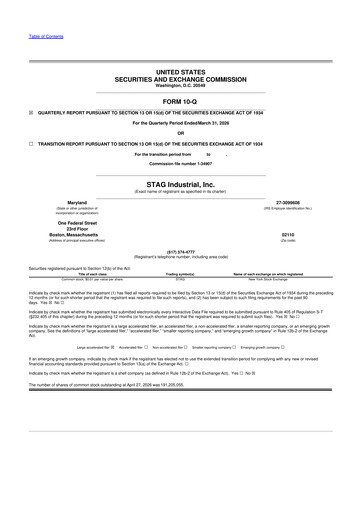 Thumbnail STAG Industrial 10-Q Quarterly Report FY 