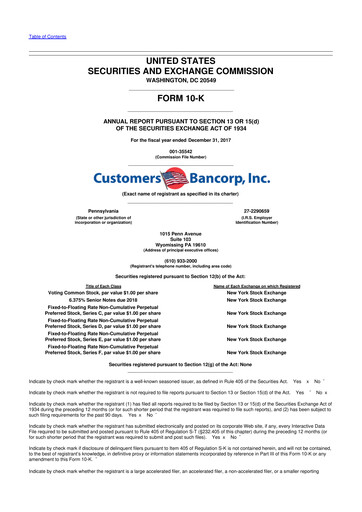 Miniature Customers Bancorp
 10-K Rapport annuel 2017