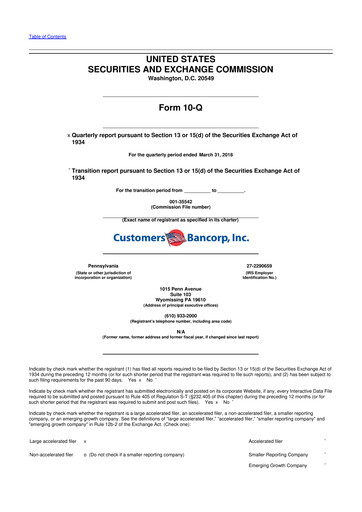 Miniature Customers Bancorp
 10-Q Rapport trimestriel 2018 