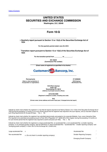 Miniature Customers Bancorp
 10-Q Rapport trimestriel 2018 