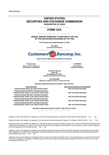 Miniature Customers Bancorp
 10-K Rapport annuel 2018