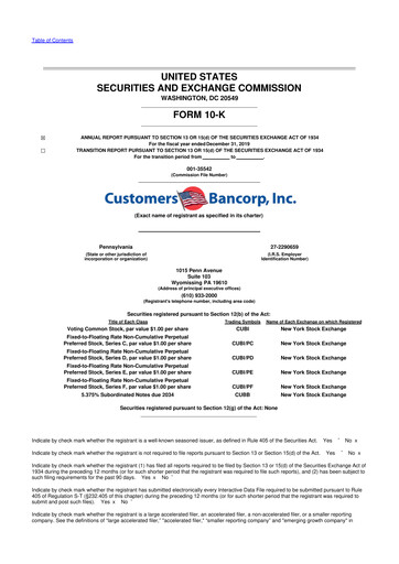 Miniature Customers Bancorp
 10-K Rapport annuel 2019