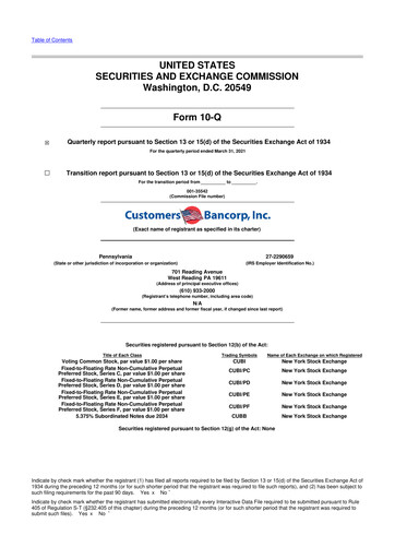 Miniature Customers Bancorp
 10-Q Rapport trimestriel 2021 