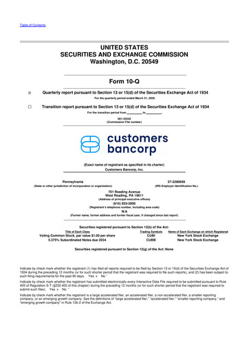 Thumbnail Customers Bancorp
 10-Q Quarterly Report FY 