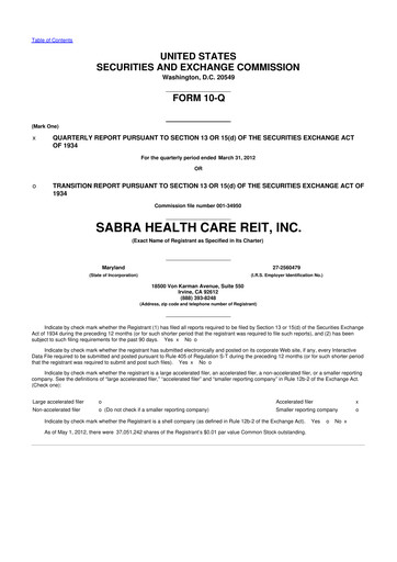 Thumbnail Sabra Health Care REIT 10-Q Quarterly Report FY2012 
