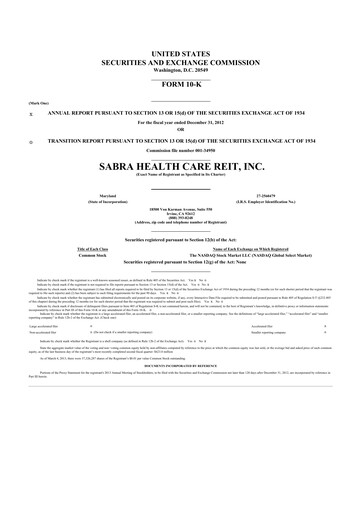 Thumbnail Sabra Health Care REIT 10-K Annual Report 2012