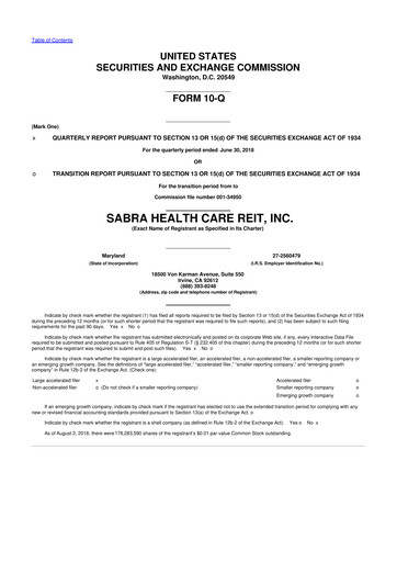 Thumbnail Sabra Health Care REIT 10-Q Quarterly Report FY2018 