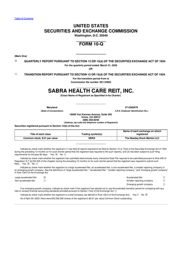 Thumbnail Sabra Health Care REIT 10-Q Quarterly Report FY2020 