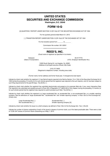 Thumbnail Reed's, Inc. 10-Q Quarterly Report FY2015 