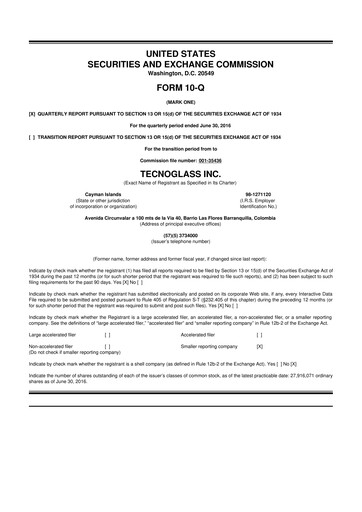 Miniature Tecnoglass 10-Q Rapport trimestriel 2016 