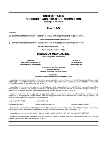 Miniature Microbot Medical
 10-Q Rapport trimestriel 2017 