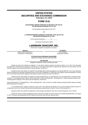 Miniature Landmark Bancorp 10-Q Rapport trimestriel 2017 