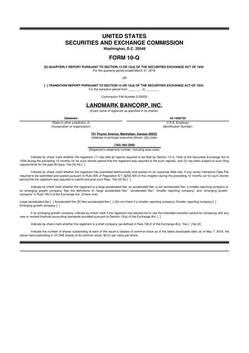 Miniature Landmark Bancorp 10-Q Rapport trimestriel 2018 