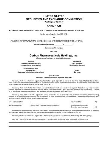Thumbnail Corbus Pharmaceuticals
 10-Q Quarterly Report FY2018 
