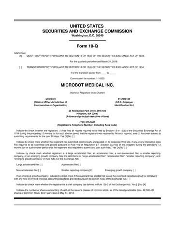 Miniature Microbot Medical
 10-Q Rapport trimestriel 2018 