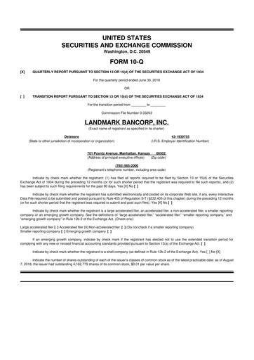 Miniature Landmark Bancorp 10-Q Rapport trimestriel 2018 