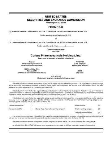 Thumbnail Corbus Pharmaceuticals
 10-Q Quarterly Report FY2018 