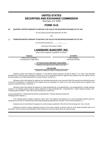 Miniature Landmark Bancorp 10-Q Rapport trimestriel 2018 