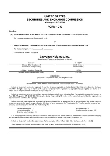 Thumbnail Lazydays Holdings 10-Q Quarterly Report FY2018 