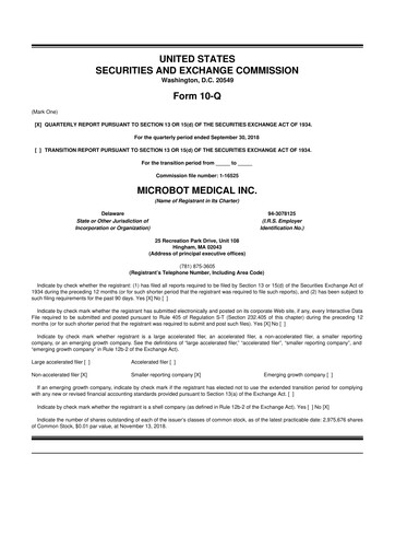 Miniature Microbot Medical
 10-Q Rapport trimestriel 2018 