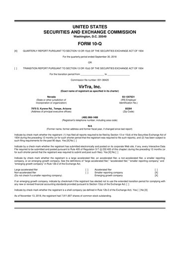 Miniature VirTra 10-Q Rapport trimestriel 2018 