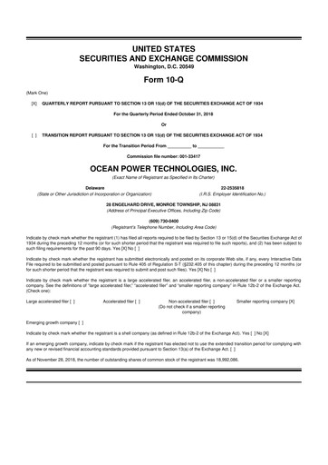 Thumbnail Ocean Power Technologies
 10-Q Quarterly Report FY2019 