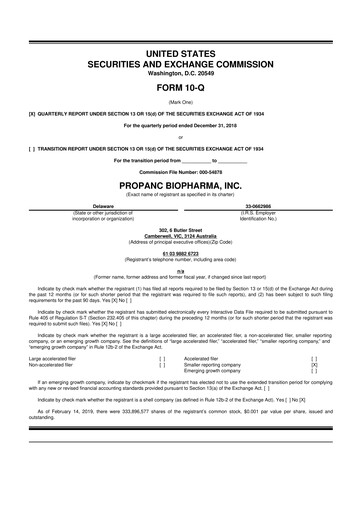 Thumbnail Propanc Biopharma 10-Q Quarterly Report FY2019 