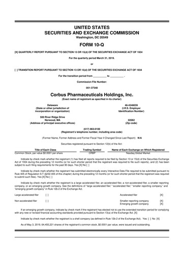 Thumbnail Corbus Pharmaceuticals
 10-Q Quarterly Report FY2019 