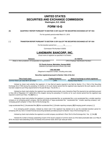 Miniature Landmark Bancorp 10-Q Rapport trimestriel 2019 