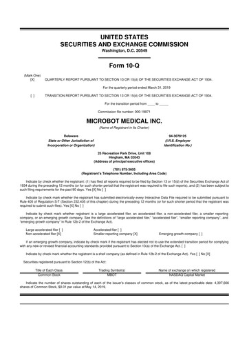 Miniature Microbot Medical
 10-Q Rapport trimestriel 2019 