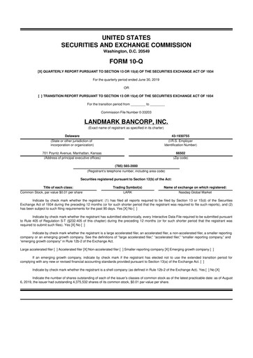 Miniature Landmark Bancorp 10-Q Rapport trimestriel 2019 