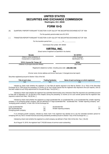 Miniature VirTra 10-Q Rapport trimestriel 2019 