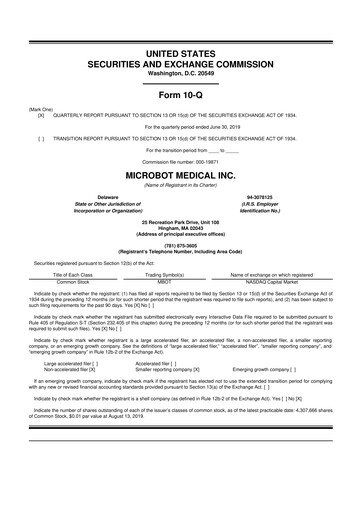 Miniature Microbot Medical
 10-Q Rapport trimestriel 2019 