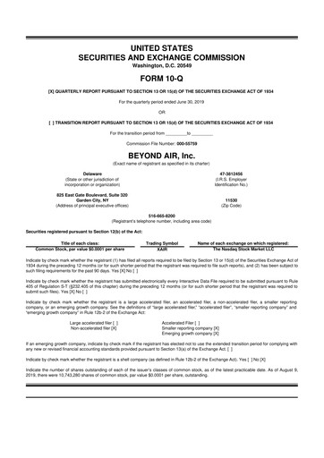 Thumbnail Beyond Air 10-Q Quarterly Report FY2019 