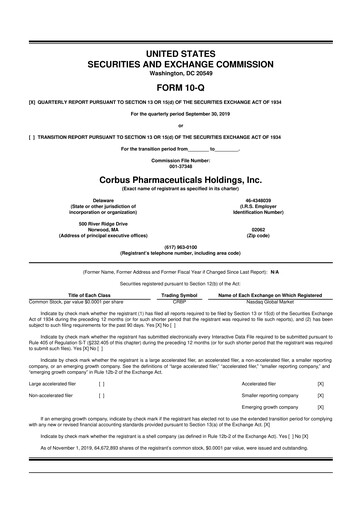 Thumbnail Corbus Pharmaceuticals
 10-Q Quarterly Report FY2019 