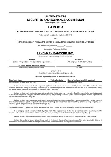 Miniature Landmark Bancorp 10-Q Rapport trimestriel 2019 