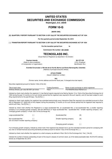 Miniature Tecnoglass 10-Q Rapport trimestriel 2019 