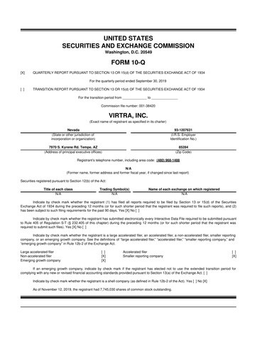 Miniature VirTra 10-Q Rapport trimestriel 2019 