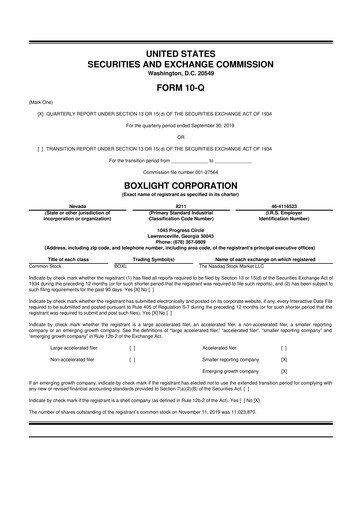 Miniature Boxlight
 10-Q Rapport trimestriel 2019 